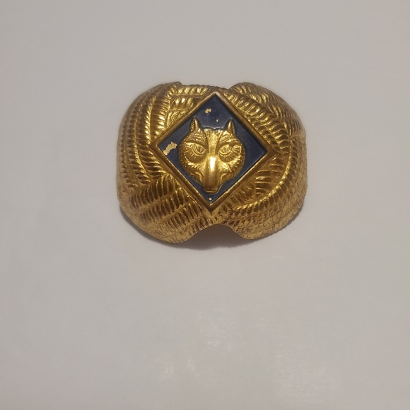 Boy Scout Cub Scout Wolf Blue Gold Tone Neckerchief Scarf Slide VTG - Picture 1 of 12